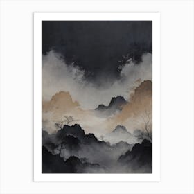 a foggy landscape with trees and clouds Art Print