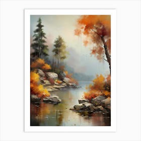 Autumn Lake,Forest Lake, Vintage Oil Painting, Farmhouse Wall Decorations, Antique Landscape, Vintage Landscape Oil Painting.16 Art Print