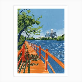 Lady Bird Lake And The Boardwalk Austin Texas Colourful Blockprint 3 Art Print