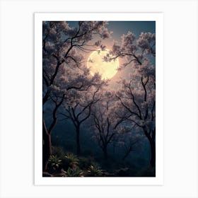 Full Moon Over Cherry Blossoms Art Print