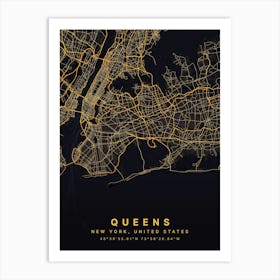 Queens Brooklyn New York Usa Black And Gold Map Art Print