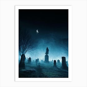 Halloween Themed Digital Painting Mist Weaving Through An Ancient Cemetery Under A Clouded Moonlit (1) Art Print