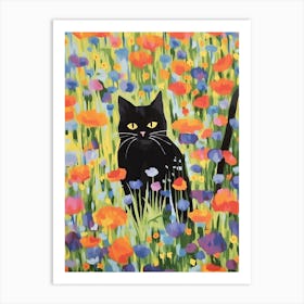 Black Cat Watercolour In A Field Of Flowers Art Print