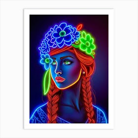 Neon Girl With Flowers Art Print