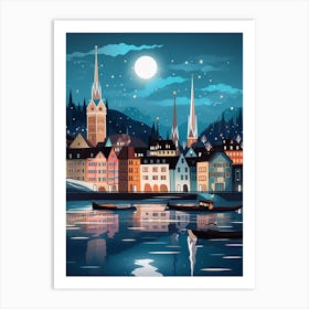 Winter Travel Night Illustration Zurich Switzerland 4 Art Print