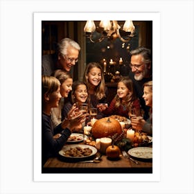 Candid Style Photo Of A Family Gathering Around A Thanksgiving Dinner Table Just Before The Prayer (1) Art Print