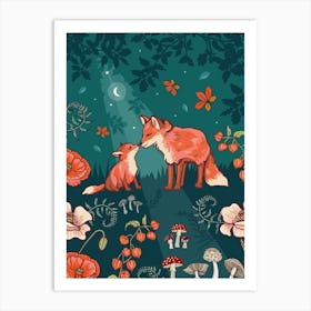 Fox And Cub In Autumn Woods Art Print