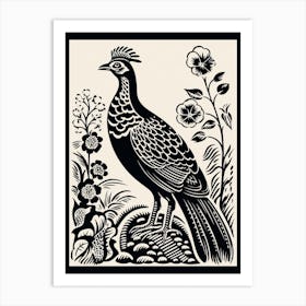 B&W Bird Linocut Pheasant 5 Art Print