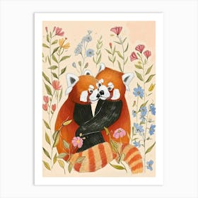Folksy Floral Animal Drawing Red Panda 1 Art Print