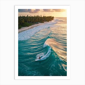 Capture An Aerial Perspective Of A Daring Surfer Confidently Riding The Islands Largest Wave On A S (1) Art Print