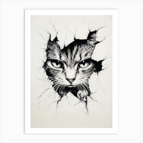 Angry Cat Watching from Wall Hole Art Print