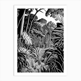 Geelong Botanic Gardens, 1, Australia Linocut Black And White Vintage Art Print