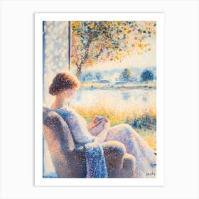 Woman Reading A Book Pointillism  Art Print