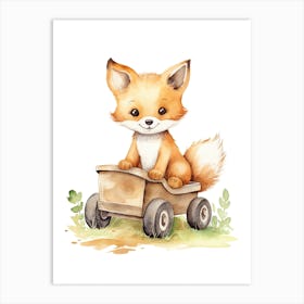 Baby Fox On Toy Car, Watercolour Nursery 3 Art Print