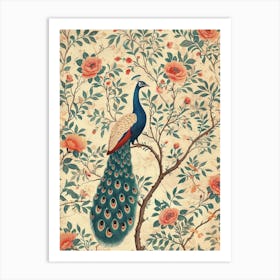Cream & Floral Vintage Peacock Wallpaper 2 Art Print