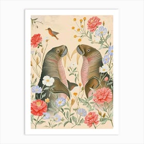 Folksy Floral Animal Drawing Walrus 2 Art Print