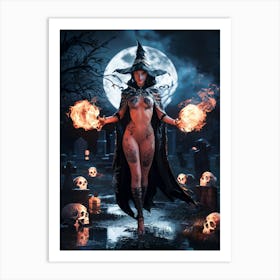 Sexy Pretty Witch with Tattoos and Fireballs #4 Art Print