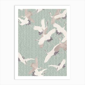 Vintage Japanese Crane Birds Flight Teal Art Print