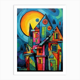 Fairytale House at Night 5, Abstract Vibrant Colorful Cubism Style Art Print