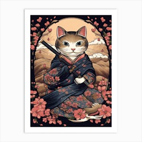 Cute Samurai Cat In The Style Of William Morris 2 Art Print