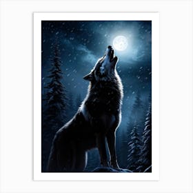 Howling Wolf Center Frame Midnight Wilderness Backdrop Full Moon Casting Silver Illumination Thro (4) Art Print