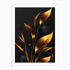 Golden Leaves On Black Background 4 Art Print