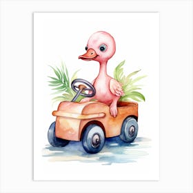 Baby Flamingo On Toy Car, Watercolour Nursery 3 Art Print