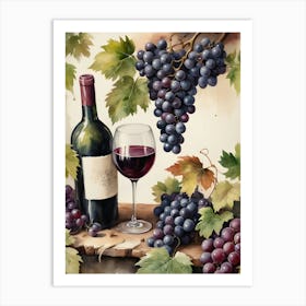 Vines,Black Grapes And Wine Bottles Painting (12) Art Print