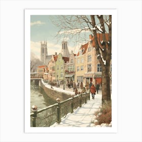 Vintage Winter Illustration Bruges Belgium 3 Art Print