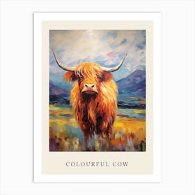 Colourful Brushstroke Of A Highland Cow By The Mountains Art Print