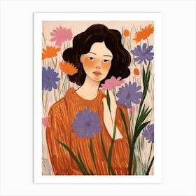 Woman With Autumnal Flowers Cornflower 2 Art Print