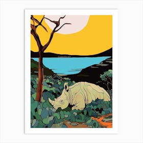 Rhino Relaxing In The Bushes Simple Illustration 2 Art Print