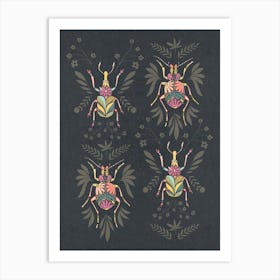 Floral Doodle Bugs x4 on black Art Print