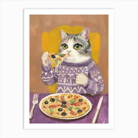 Happy Grey And White Cat Pizza Lover Folk Illustration 1 Art Print