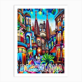 Barcelona City, Cubism and Surrealism, Typography Art Print