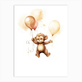 Baby Monkey Flying With Ballons, Watercolour Nursery Art 1 Art Print