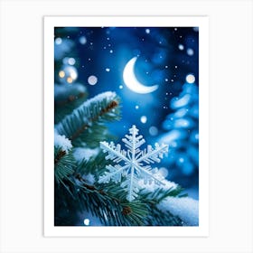 Closeup Of A Single Luminescent Snowflake Catch The Glimmer Of A Quarter Moon Resting On A Coniferou Art Print