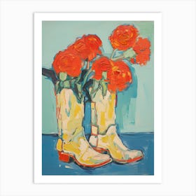 Painting Of Red Roses Flowers And Cowboy Boots, Oil Style 2 Art Print