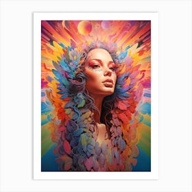 Psychedelic Woman. Rainbow Reverence: The Winged Angel's Colorful Stand. Energetic Euphoria: The Female Force in Psychedelic Form Art Print