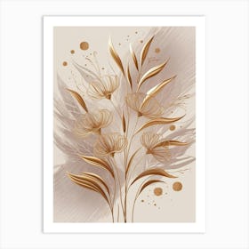 Gold Flowers On A Beige Background Art Print