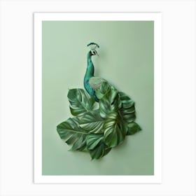 Peacock On Green Leaves Art Print