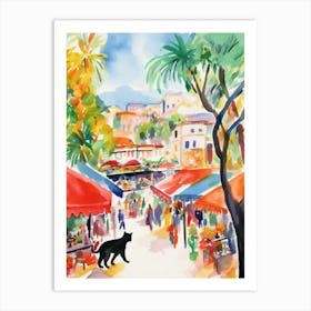 Food Market With Cats In Malibu 4 Watercolour Art Print