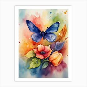 Watercolor Of A Butterfly And Flowers Art Print