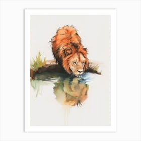 African Lion Drinking From A Watering Hole Clipart 1 Art Print