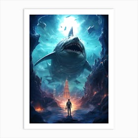 Man Standing In Front Of A Shark 1 Art Print