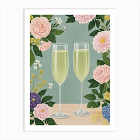 Two Glasses Of Champagne And Flowers Art Print