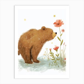 Brown Bear Sniffing A Flower Storybook Illustration 3 Art Print