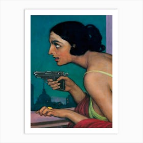 Woman With A Gun, Dark, Moody Vintage Woman Portrait Art Print