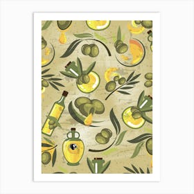 Olives Seamless Pattern Vector - olives poster, kitchen wall art 3 Art Print
