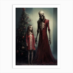 A Skeleton And A Girl Near A Christmas Tree Art Print